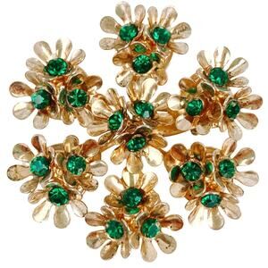Vintage Signed Coro 1950s Brooch Green Rhinestone Floral Gold Tone Pin Sparkly